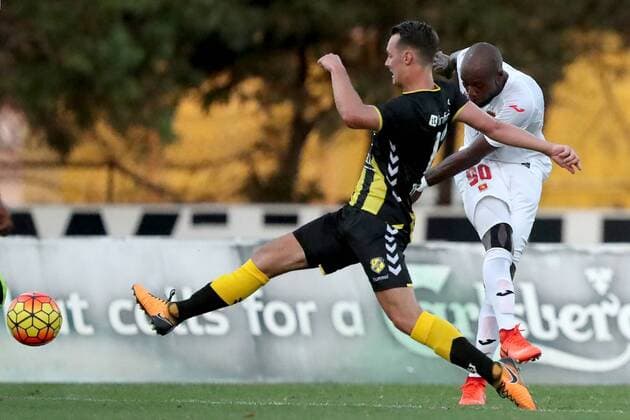 Romeu (R) of Valletta shoots at the Utrecht goal during the UEFA Europa League second qualifying round, first leg soccer match between Valletta FC and FC Utrecht at the Hibernians Stadium, Paola on 13 July, 2017 Valletta FC v FC Utrecht VALL_UTR_2017