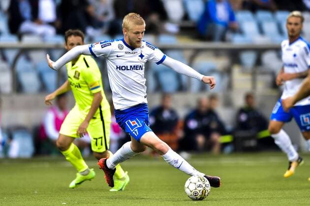 170713 Norrköpings Karl Holmberg under fotbollsmatchen i kvalet till Europa League mellan Norrköping och Trakai den 13 juli 2017 i Norrköping.  Copyright: JOHANNAxLUNDBERG BB170713JL008
