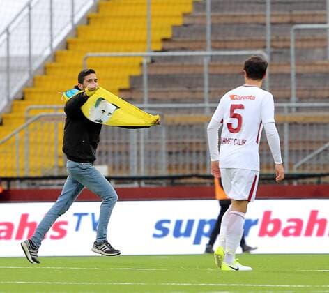 A Kurdish protestor entered the scene during the UEFA Europaleague Qualifier 3rd round, 1st leg match between Ostersund and Galatasaray on July 13, 2017 in Ostersund , Sweden. Final score : Ostersund 2 - Galatasaray 0 