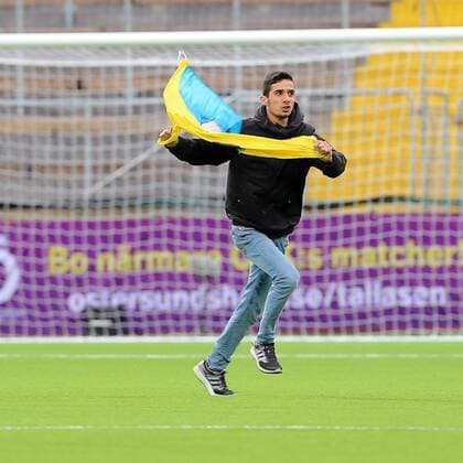 A Kurdish protestor entered the scene during the UEFA Europaleague Qualifier 3rd round, 1st leg match between Ostersund and Galatasaray on July 13, 2017 in Ostersund , Sweden. Final score : Ostersund 2 - Galatasaray 0 