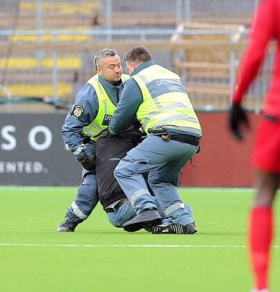 A Kurdish protestor entered the scene during the UEFA Europaleague Qualifier 3rd round, 1st leg match between Ostersund and Galatasaray on July 13, 2017 in Ostersund , Sweden. Final score : Ostersund 2 - Galatasaray 0 