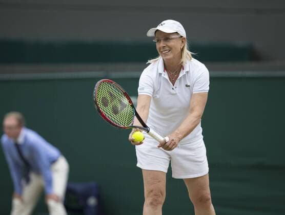 July 13th 2017, All England Lawn Tennis and Croquet Club, London, England; The Wimbledon Tennis Championships, Day 10; Martina Navratilova (USA) serving during her match with Cara Black (ZIM) against Andrea Jaeger (USA) and Conchita Martinez ESP) xRolandxHarrisonx  ActionPlus11900968