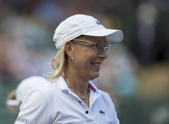 July 13th 2017, All England Lawn Tennis and Croquet Club, London, England; The Wimbledon Tennis Championships, Day 10; Martina Navratilova (USA) smiling as she walks back to her chair during a break in her match with Cara Black (ZIM) against Andrea Jaeger (USA) and Conchita Martinez ESP) xRolandxHarrisonx  ActionPlus11900972