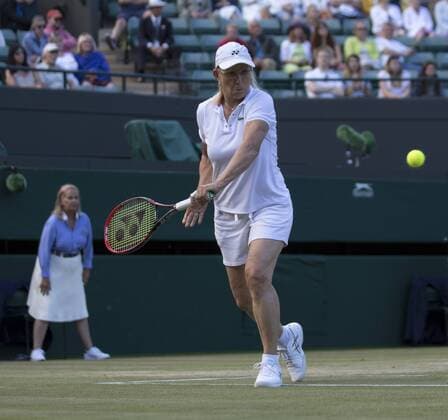 July 13th 2017, All England Lawn Tennis and Croquet Club, London, England; The Wimbledon Tennis Championships, Day 10; Martina Navratilova (USA) hits a backhand return during her match with Cara Black (ZIM) against Andrea Jaeger (USA) and Conchita Martinez ESP) xRolandxHarrisonx  ActionPlus11900975