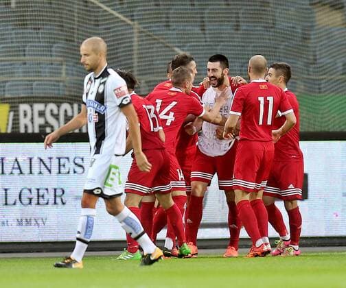 SOCCER - UEFA EL quali, Sturm vs Podgorica GRAZ,AUSTRIA,13.JUL.17 - SOCCER - UEFA Europa League qualification, SK Sturm Graz vs FK Mladost Podgorica. Image shows the rejoicing of Podgorica. GEPAxpictures xM.xOberlaender