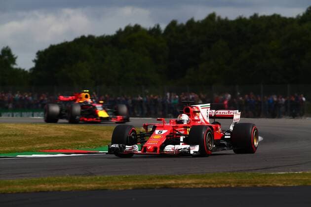 British Grand Prix, Silverstone 13 - 16 July 2017 14.07.2017 - Free Practice 1, Sebastian Vettel (GER) Scuderia Ferrari SF70H and Max Verstappen (NED) Red Bull Racing RB13 