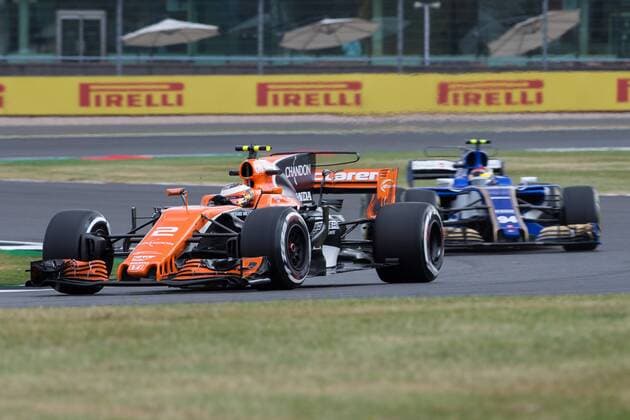 July 14th 2017, Silverstone, Northamptonshire, England; British Formula One Grand Prix, Free Practice; McLaren Honda Formula 1 Team driver Stoffel Vandoorne ahead of Sauber F1 Team driver Pascal Wehrlein xTimxWilliamsx  ActionPlus11901094