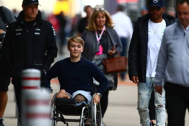 British Grand Prix, Silverstone 13 - 16 July 2017 14.07.2017 - Valtteri Bottas (FIN) Mercedes AMG F1 W08, Billy Monger (GBR) and Lewis Hamilton (GBR) Mercedes AMG F1 W08 