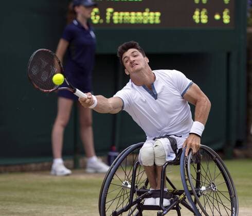 July 14th 2017, All England Lawn Tennis and Croquet Club, London, England; The Wimbledon Tennis Championships, Day 11; Gustavo Fernandez (ARG) hits a forehand return to Alfie Hewett (GBR) xRolandxHarrisonx  ActionPlus11901321
