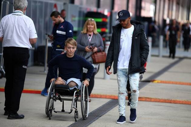 British Grand Prix, Silverstone 13 - 16 July 2017 14.07.2017 - Billy Monger (GBR) and Lewis Hamilton (GBR) Mercedes AMG F1 W08 
