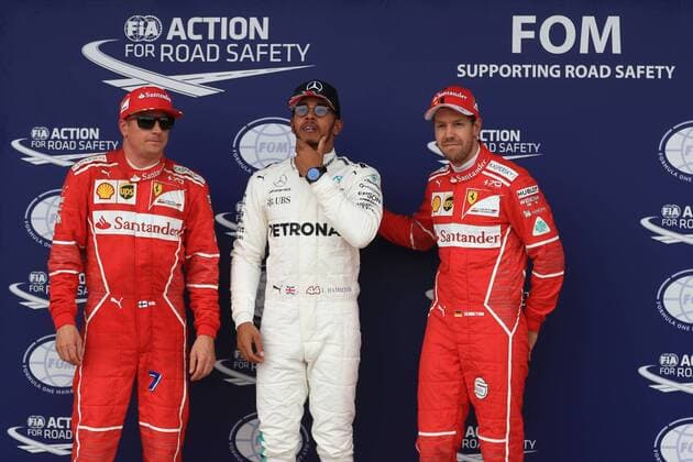 July 15th 2017, Silverstone, Northamptonshire, England; British Formula One Grand Prix, qualification sessions day; Lewis Hamilton - Mercedes AMG Petronas F1 W08 EQ Energy+ takes pole followed by Kimi Raikkonen and Sebastian Vettel - Scuderia Ferrari xOctanex  ActionPlus11901774