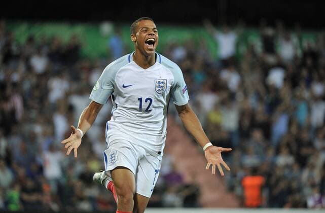(170716) -- TBILISI, July 16, 2017 -- England s Lukas Nmecha celebrates scoring during the final match of the UEFA European U19 Championship between Portugal and England in Tbilisi, Georgia, on July 15, 2017. England won 2-1. ) (SP)GEORGIA-TBILISI-EUROPEAN U19 CHAMPIONSHIP KulumbegashvilixTamuna 