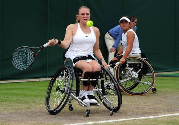 Tennis - 2017 Wimbledon Championships - Week Two, Sunday Day Thirteen Final of the Ladies Wheelchair Doubles match Yui Kamiji (JPN) and Jordanne Whiley (GBR) vs Marjolein Buis (NED) and Diede De Groot (NED) Jordanne Whiley on Court 3 COLORSPORT ANDREW COWIE 