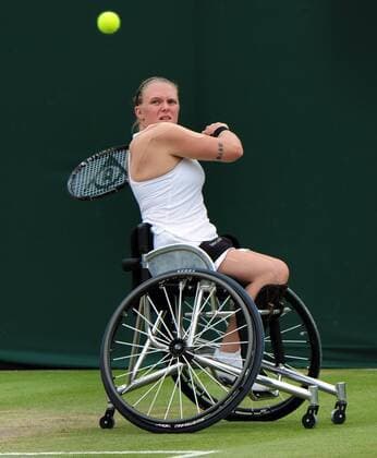 Tennis - 2017 Wimbledon Championships - Week Two, Sunday Day Thirteen Final of the Ladies Wheelchair Doubles match Yui Kamiji (JPN) and Jordanne Whiley (GBR) vs Marjolein Buis (NED) and Diede De Groot (NED) Jordanne Whiley on Court 3 COLORSPORT ANDREW COWIE 