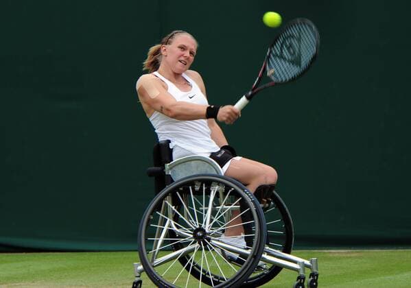 Tennis - 2017 Wimbledon Championships - Week Two, Sunday Day Thirteen Final of the Ladies Wheelchair Doubles match Yui Kamiji (JPN) and Jordanne Whiley (GBR) vs Marjolein Buis (NED) and Diede De Groot (NED) Jordanne Whiley on Court 3 COLORSPORT ANDREW COWIE 