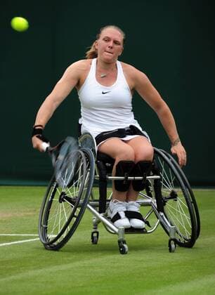Tennis - 2017 Wimbledon Championships - Week Two, Sunday Day Thirteen Final of the Ladies Wheelchair Doubles match Yui Kamiji (JPN) and Jordanne Whiley (GBR) vs Marjolein Buis (NED) and Diede De Groot (NED) Jordanne Whiley on Court 3 COLORSPORT ANDREW COWIE 