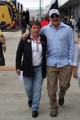 British Grand Prix, Silverstone 13 - 16 July 2017 16.07.2017 - Kate Beavan, Formula One Global Director of Hospitality, Experiences and Packages, with Woody Harrelson (USA) Actor 