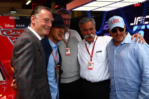 British Grand Prix, Silverstone 13 - 16 July 2017 16.07.2017 - (L to R): Sean Bratches (USA) Formula 1 Managing Director, Commercial Operations; Owen Wilson (USA) Actor; Ross Brawn (GBR) Managing Director, Motor Sports; Chase Carey (USA) Formula One Group Chairman; and Woody Harrelson (USA) Actor. 