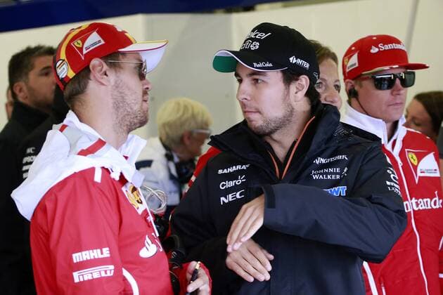 British Grand Prix, Silverstone 13 - 16 July 2017 16.07.2017 - Sebastian Vettel (GER) Scuderia Ferrari SF70H, Sergio Perez (MEX) Sahara Force India F1 VJM010 and Kimi Raikkonen (FIN) Scuderia Ferrari SF70H 