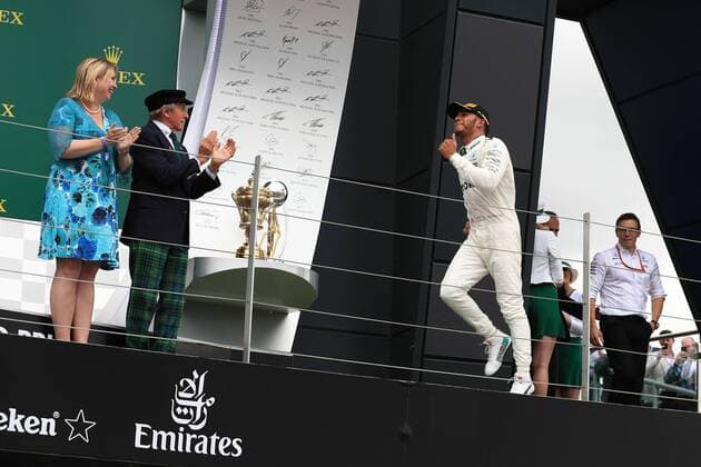 July 16th 2017, Silverstone, Northamptonshire, England; British Formula 1 Grand Prix, Race Day; Lewis Hamilton - Mercedes AMG Petronas F1 W08 EQ Energy+ arrives on the podium as he wins the British GP xOctanex  ActionPlus11902483