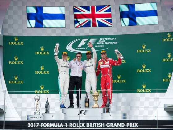 Podium, Valtteri Bottas; Lewis Hamilton; Mercedes Grand Prix, Kimi Raiikkoenen, Scuderia Ferrari, formula 1 GP, Great Britain in Silverstone 16.07.2017 Photo:mspb Vince Mignott Not free for England Podium, Valtteri Bottas; Lewis Hamilton; Kimi Raikkoenen, formula 1 GP, Great Britain