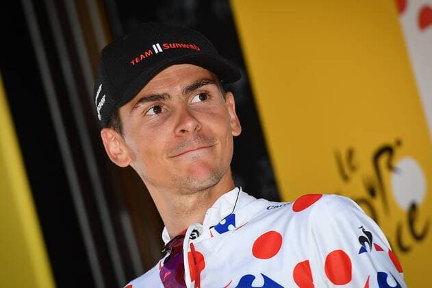 French Warren Barguil of Team Sunweb celebrates on the podium in the red polka-dot jersey for best climber after the 15th stage of the 104th edition of the Tour de France cycling race, 189,5 from Laissac-Severac l Eglise to Le Puy-en-Velay, France, Sunday 16 July 2017. This year s Tour de France takes place from July first to July 23rd. DAVIDxSTOCKMAN  x05132574x