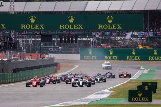 July 16th 2017, Silverstone, Northamptonshire, England; British Formula 1 Grand Prix, Race Day; Mercedes AMG Petronas Motorsport driver Lewis Hamilton leads away at the start in front of Kimi Raikkonen - Scuderia Ferrari xTimxWilliamsx  ActionPlus11902625