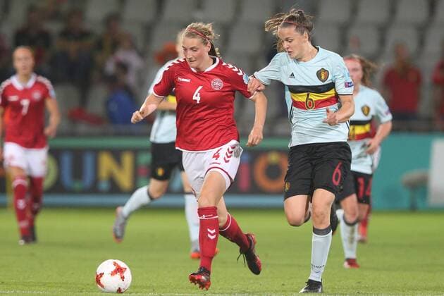Maja Kildemoes of Denmark women, Tine De Caigny of Belgium women during the UEFA WEURO 2017 Group A group stage match between Denmark and Belgium at the Vijverberg stadium on July 16, 2017 in Doetinchem, The Netherlands Women: Denmark v Belgium UEFA WEURO 2017 2017 2018 xVIxVIxImagesx xTomxBodexMultimediaxIVx 8242286