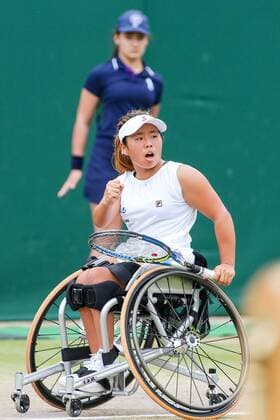 Yui Kamiji (JPN), JULY 16, 2017 - Tennis : Yui Kamiji of Japan reacts during the Women s wheelchair doubles final match of the Wimbledon Lawn Tennis Championships against Marjolein Buis and Diede De Groot of the Netherlands at the All England Lawn Tennis and Croquet Club in London, England. Noxthirdxpartyxsales  (mdga016964)