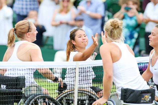 Yui Kamiji (JPN), Jordanne Whiley (GBR), JULY 16, 2017 - Tennis : Yui Kamiji of Japan and Jordanne Whiley of Great Britain shake hands with Marjolein Buis and Diede De Groot of the Netherlands after the Women s wheelchair doubles final match of the Wimbledon Lawn Tennis Championships at the All England Lawn Tennis and Croquet Club in London, England. Noxthirdxpartyxsales  (mdga016969)