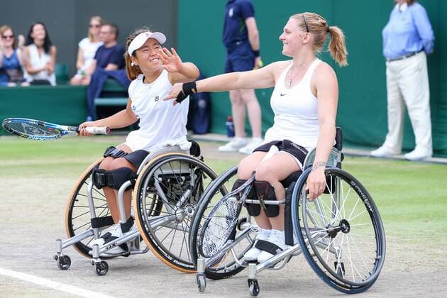 Yui Kamiji (JPN), Jordanne Whiley (GBR), JULY 16, 2017 - Tennis : Yui Kamiji of Japan and Jordanne Whiley of Great Britain during the Women s wheelchair doubles final match of the Wimbledon Lawn Tennis Championships against Marjolein Buis and Diede De Groot of the Netherlands at the All England Lawn Tennis and Croquet Club in London, England. Noxthirdxpartyxsales  (mdga016972)