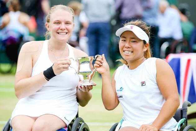 Yui Kamiji (JPN), Jordanne Whiley (GBR), JULY 16, 2017 - Tennis : Yui Kamiji of Japan and Jordanne Whiley of Great Britain pose with the trophy after winning the Women s wheelchair doubles final match of the Wimbledon Lawn Tennis Championships against Marjolein Buis and Diede De Groot of the Netherlands at the All England Lawn Tennis and Croquet Club in London, England. Noxthirdxpartyxsales  (mdga016978)