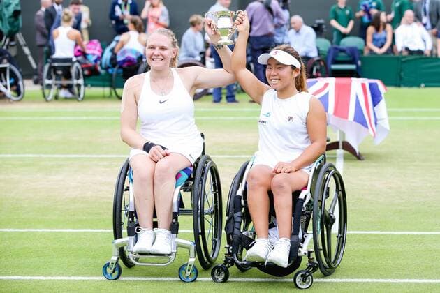 Yui Kamiji (JPN), Jordanne Whiley (GBR), JULY 16, 2017 - Tennis : Yui Kamiji of Japan and Jordanne Whiley of Great Britain pose with the trophy after winning the Women s wheelchair doubles final match of the Wimbledon Lawn Tennis Championships against Marjolein Buis and Diede De Groot of the Netherlands at the All England Lawn Tennis and Croquet Club in London, England. Noxthirdxpartyxsales  (mdga016979)