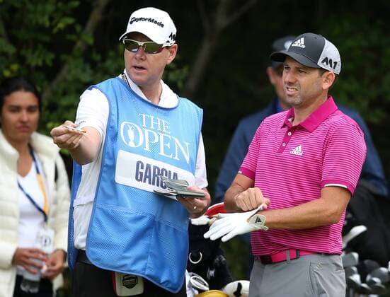 July 19th 2017, Royal Birkdale Golf Club, Southport, England; The 146th Open Golf Championship, Final Practice Day; Sergio Garcia (ESP) discusses the line of his shot on the 5th tee. xDavidxBlunsdenx  ActionPlus11903711