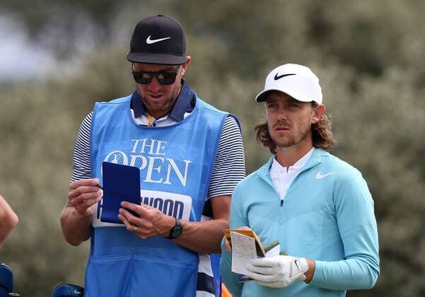 July 19th 2017, Royal Birkdale Golf Club, Southport, England; The 146th Open Golf Championship, Final Practice Day; Tommy Fleetwood (ENG) confers with his caddie Ian Finnis on the tee of the third hole xDavidxBlunsdenx  ActionPlus11903716