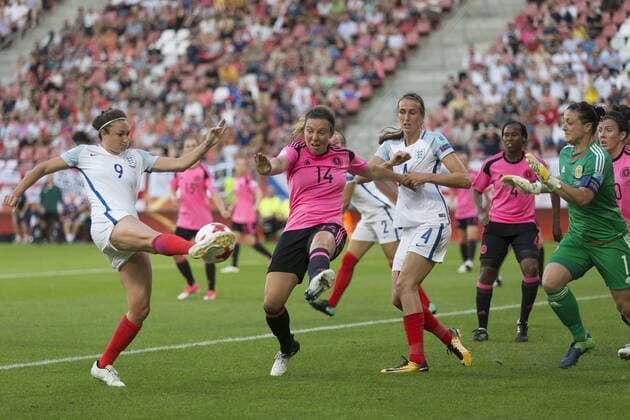 Jodie Taylor of England women, Rachel Corsie of Scotland women, Jill Scott of England women, goalkeeper Gemma Fay of Scotland women during the UEFA WEURO 2017 Group D group stage match between England and Scotland at the Galgenwaard Stadium on July 19, 2017 in Utrecht, The Netherlands Women: England v Scotland UEFA WEURO 2017 2017 2018 xVIxVIxImagesx xTomxBodexMultimediaxIVx 8263670