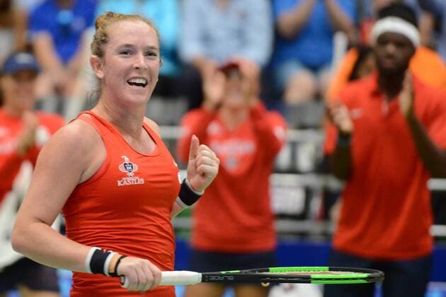 July 19, 2017 - Washington D.C, USA - MADISON BRENGLE celebrates winning her singles match for the Washington Kastles match vs. the Orange County Breakers in World Team Tennis. Tennis 2017: World Team Tennis - ZUMAl132 20170719_zap_l132_021 Copyright: xChristopherxLevyx