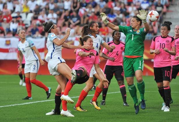 Womens Europeans England vs Scotland Utrecht 19th July 2017 Womens Europeans England vs Scotland Chaos in the Scotland area leads to Englands second goal. 