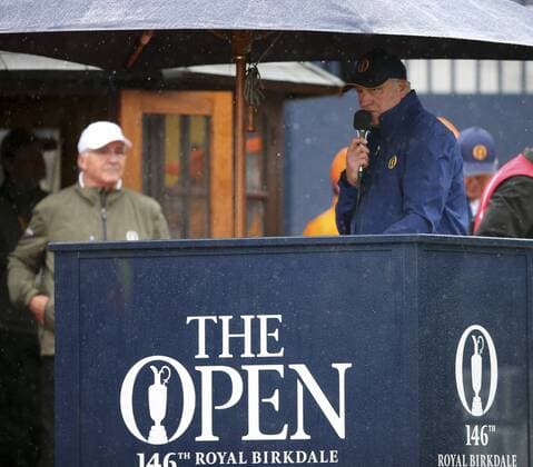 20th July 2017, Royal Birkdale Golf Club, Southport, England; The 146th Open Golf Championship ; First round ;The official starter Matt Corker announces the first group onto the tee at 635am, Mark O Meara (USA) , Chris Wood (ENG) and Ryan Moore (USA) xDavidxBlunsdenx  ActionPlus11903868
