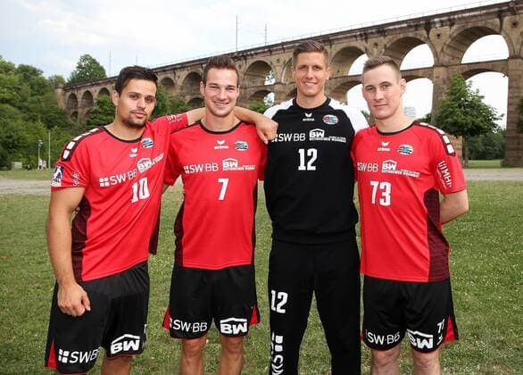 Bietigheim-Bissingen Handball SG BBM Bietigheim Fototermin, Neuzugänge v.l. Panagiotis Erifopoulos (10), Dominik Claus (7), Jürgen Müller (12), Martin Marcec (73)