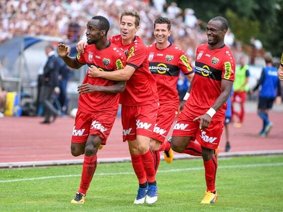SOCCER - UEFA EL quali, Brest vs Altach BREST,BELARUS,20.JUL.17 - SOCCER - UEFA Europa League qualification, FK Dinamo Brest vs SCR Altach. Image shows the rejoicing of Louis Clement Ngwat Mahop, Stefan Nutz, Andreas Lienhart and Louis Clement Ngwat Mahop (Altach). GEPAxpictures xOliverxLerch