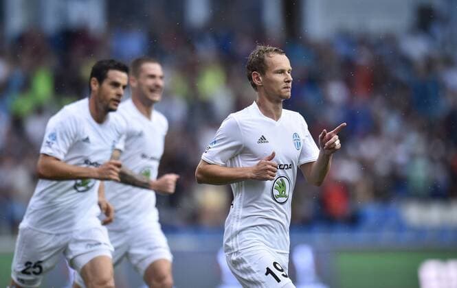 Jan Chramosta (Boleslav), right, celebrates the first during the 2nd qualifying round of football European league, 2nd leg Mlada Boleslav vs Shamrock Rovers in Mlada Boleslav, Czech Republic, July 20, 2017. (CTKxPhoto RadekxPetrasek) CTKPhotoP201707200867701  _PER6296