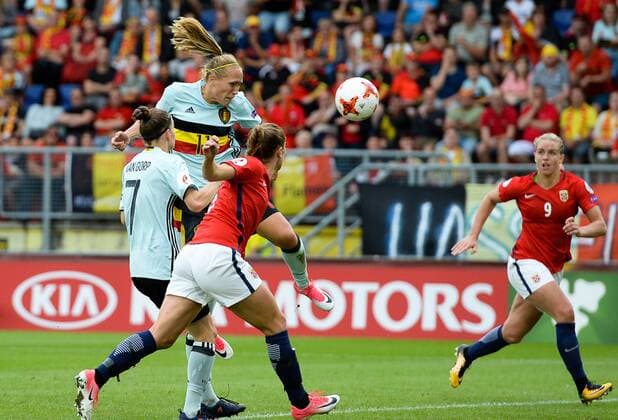 Belgium s Janice Cayman scoring the 0-2 goal during a soccer game between Belgian national women s soccer team Red Flames and Norway, the second game in group A in the group stage of the Women s European Championship EM Europameisterschaft 2017 in the Netherlands, Thursday 20 July 2017 in Breda, The Netherlands. DAVIDxCATRY  x05134985x