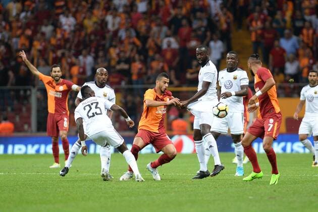 Younes Belhanda of Galatasaray and Roland Mukiibi , Alhaji Gero , Samuel Mensah Mensiro , Fouad Bachirou of Ostersund during the UEFA Europaleague Qualifier 3rd round, 2nd leg match between Galatasaray and Ostersund at Turk Telekom Arena in Istanbul , Turkey on July 20, 2017. 
