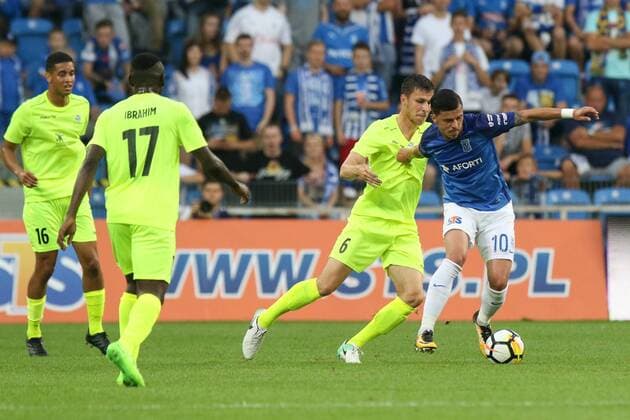 2017.7.20, Poznan, football, UEFA Europa League 2017 2018, second qualifying round, Lech Poznan - FK Haugesund, 2 runda kwalifikacyjna Ligi Europy, Bruno Leite (Haugesund), Shuaibu Ibrahim (Haugesund), Filip Kiss (Haugesund), Darko Jevtic (Lech), fot. Adam Jastrzebowski Foto Olimpik NEWSPIX.PL --- Newspix.pl 20170720_awj_460