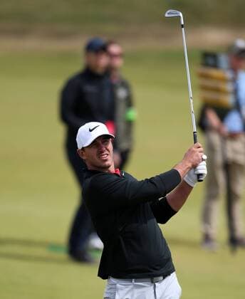 20th July 2017, Royal Birkdale Golf Club, Southport, England; The 146th Open Golf Championship, First round; Joint leader Brooks Koepka of (USA) reacts to his punch shot into the wind at the 16th hole xDavidxBlunsdenx  ActionPlus11904163