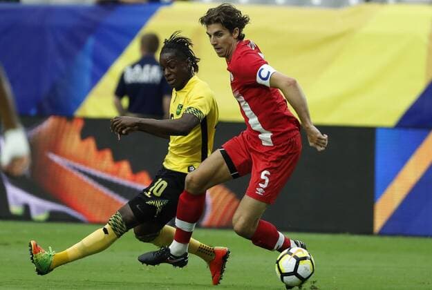 Canada s player Dejan Jakovic (R) vies for the ball against Darren Mattocks (L) of Jamaica during their soccer match between Jamaica and Canada, for the Gold Cup, held at the Stadium of the University of Phoenix, Arizona, USA, on 20 July 2017. JAMAICA VS CANADA !ACHTUNG: NUR REDAKTIONELLE NUTZUNG!  Copyright: xJoséxMéndezx COP05 20170721-636361995993666311