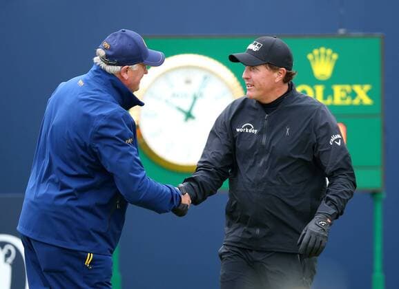 21st July 2017, Royal Birkdale Golf Club, Southport, England; The 146th Open Golf Championship ; Second round ; Phil Mickelson (USA) shakes hands with R&amp;A starter Matt Corker xDavidxBlunsdenx  ActionPlus11904409