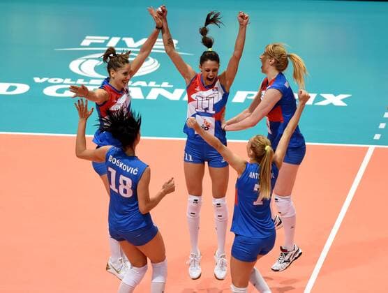 (170721) -- HONG KONG, July 21, 2017 -- Players of Serbia celebrate after scoring during the group match against Russia at the FIVB World Grand Prix in Hong Kong, China, July 21, 2017. Liu Yun) (SP)CHINA-HONG KONG-VOLLEYBALL-WORLD GRAND PRIX LoxPingxFai 