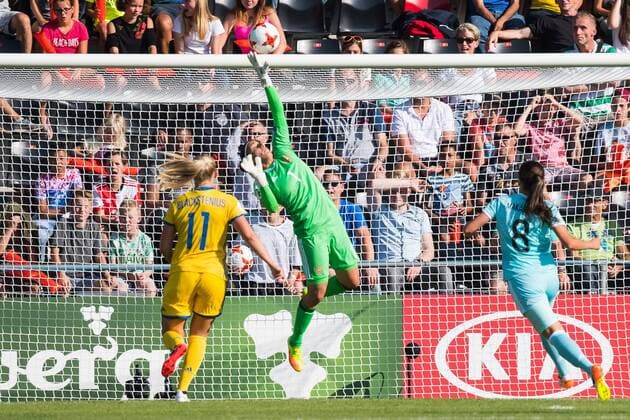 (L-R) Stina Blackstenius of Sweden women, goalkeeper Tatyana Shcherbak of Russia women, Daria Makarenko of Russia women during the UEFA WEURO 2017 Group B group stage match between Sweden and Russia at The Adelaarshorst on July 21, 2017 in Deventer, The Netherlands Women: Sweden v Russia UEFA WEURO 2017 2017 2018 xVIxVIxImagesx xGerritxvanxKeulenxIVx 8277899